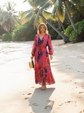 Pink Floral V-Neck Maxi Dress